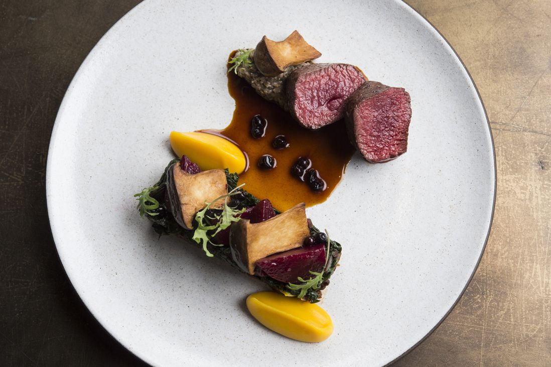 Milbrook Venison with beet and king trumpet mushroom, finished with a huckleberry jus<br>